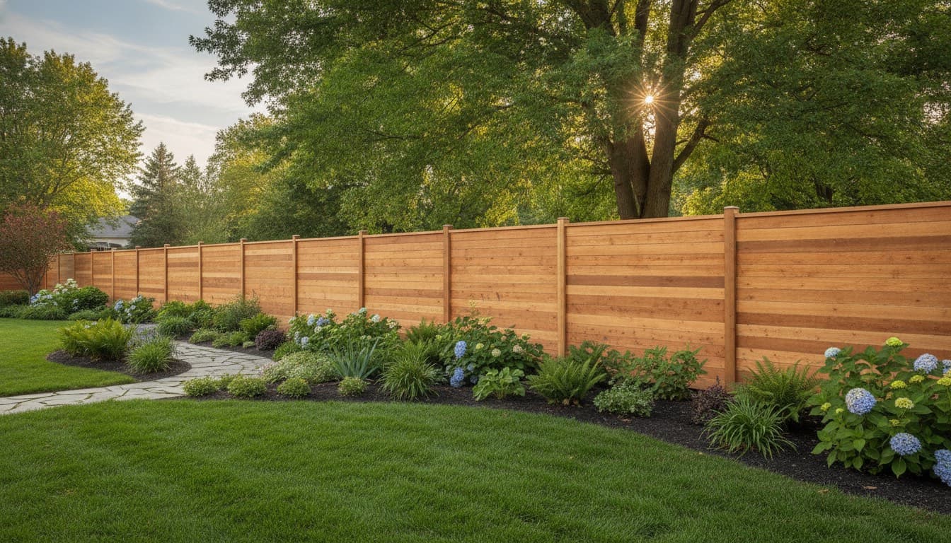 A newly built horizontal cedar privacy fence running along a landscaped backyard.