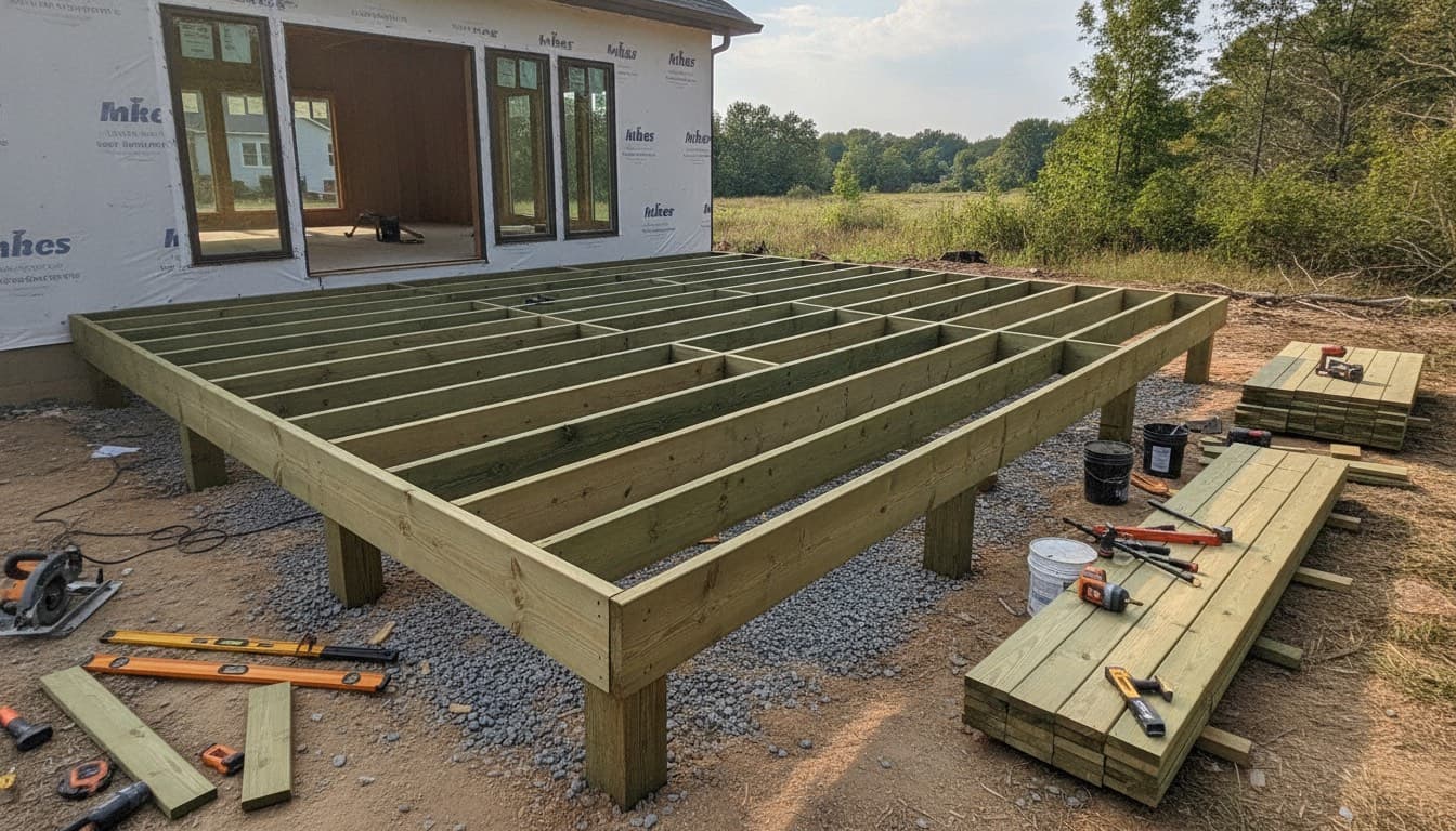 A wooden deck under construction, showing pressure-treated joists and framing freshly built on a residential lot.